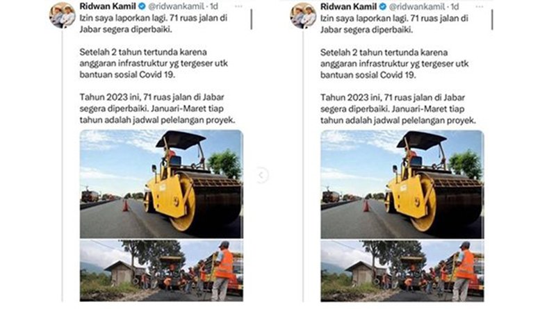 Ridwan Kamil Ramai Diperbincangkan Lagi Netizen, Kali Ini Unggah Pengumuman Perbaikan Jalan di Medsos Pakai Foto Lama