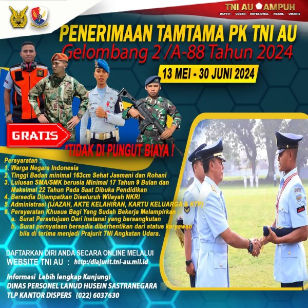 Pendaftaran Tamtama PK TNI AU Gelombang II/A-88 Tahun 2024, Kesempatan Emas Bagi Pemuda Indonesia